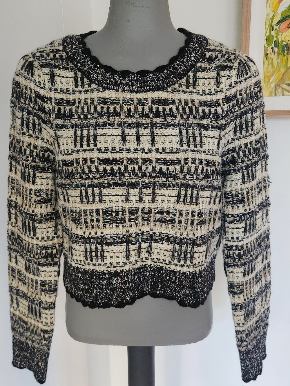 House of Harlow 1960 Black and Cream Tweed Scalloped Crewneck Sweater